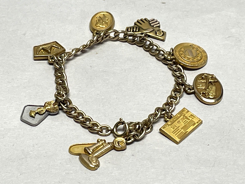 VTG Gold Filled Charm Bracelet 8 Charms Telephone 1/20 12K 1/10 10K GF 7in 26g